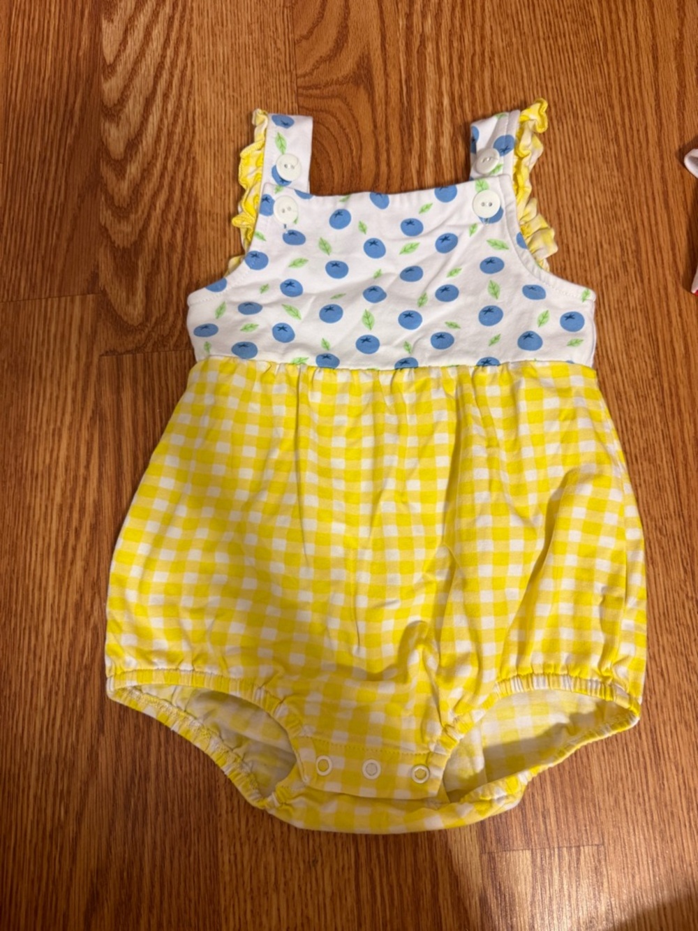 Yellow Gingham Baby Romper with Blueberry Print